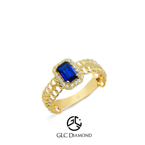 Stunning Gold Ring with Emerald Cut Blue Sapphire and Diamond Halo