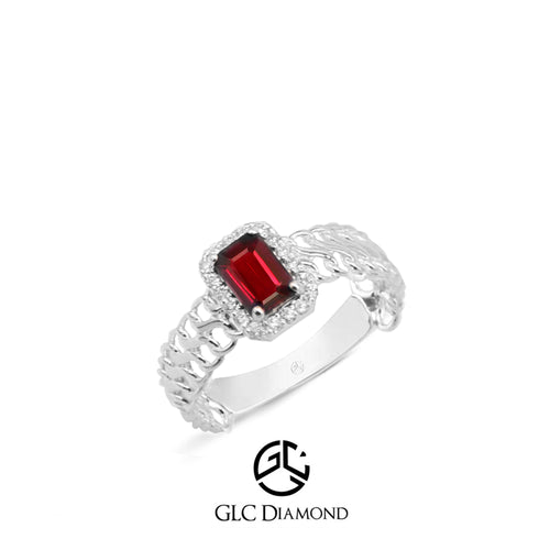 Stunning Gold Ring with Emerald Cut Red Ruby and Diamond Halo