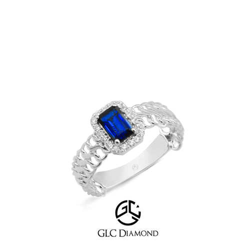 Stunning Gold Ring with Emerald Cut Blue Sapphire and Diamond Halo