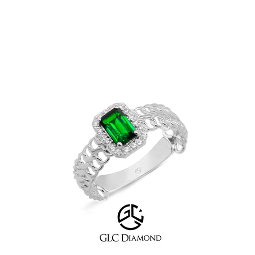 Stunning Gold Ring with Emerald Cut Green Emerald and Diamond Halo