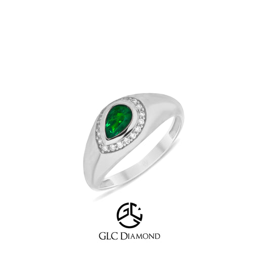 14K Gold Teardrop Emerald Ring with Diamond Halo