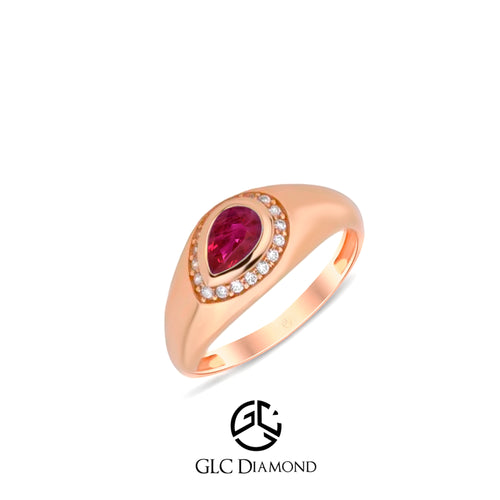 14K Gold Teardrop Ruby Ring with Diamond Halo