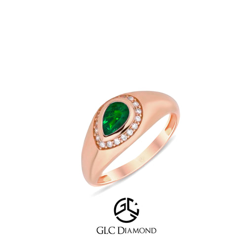 14K Gold Teardrop Emerald Ring with Diamond Halo