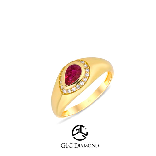 14K Gold Teardrop Ruby Ring with Diamond Halo