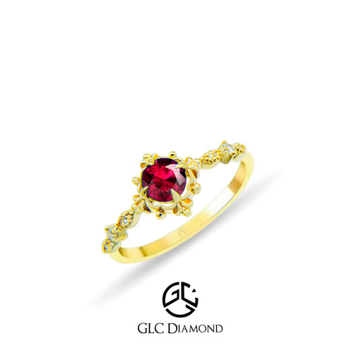 14K Gold Ruby Flower Ring with Intricate Band