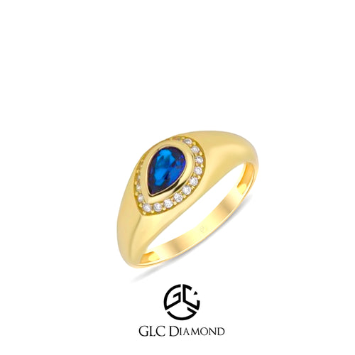 14K Gold Blue Sapphire & Diamond Pear-Shaped Signet Ring