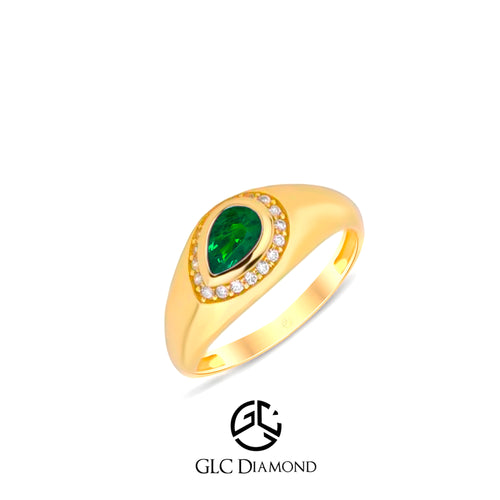 14K Gold Teardrop Emerald Ring with Diamond Halo