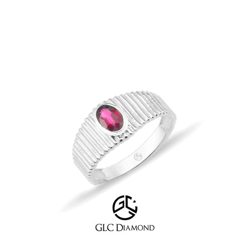 Ribbed Gold Band with Red Ruby Gemstone