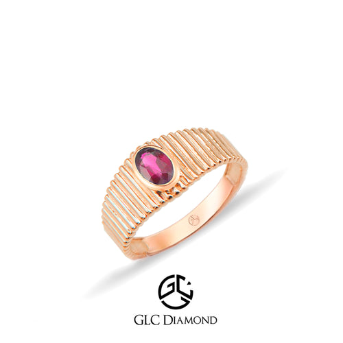 Ribbed Gold Band with Red Ruby Gemstone