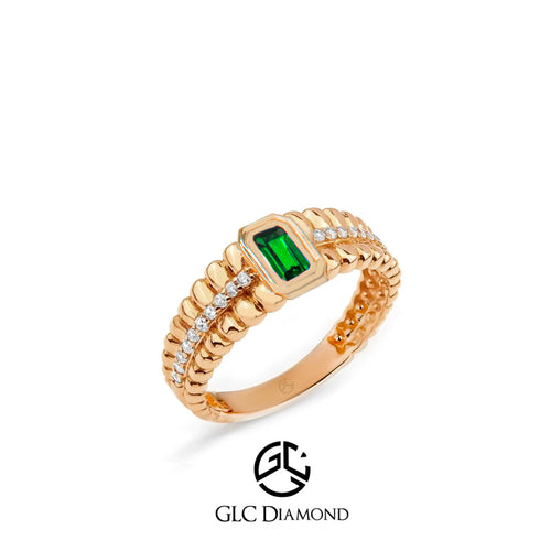 14K Gold Emerald-Cut Green Gemstone Ring with Diamond