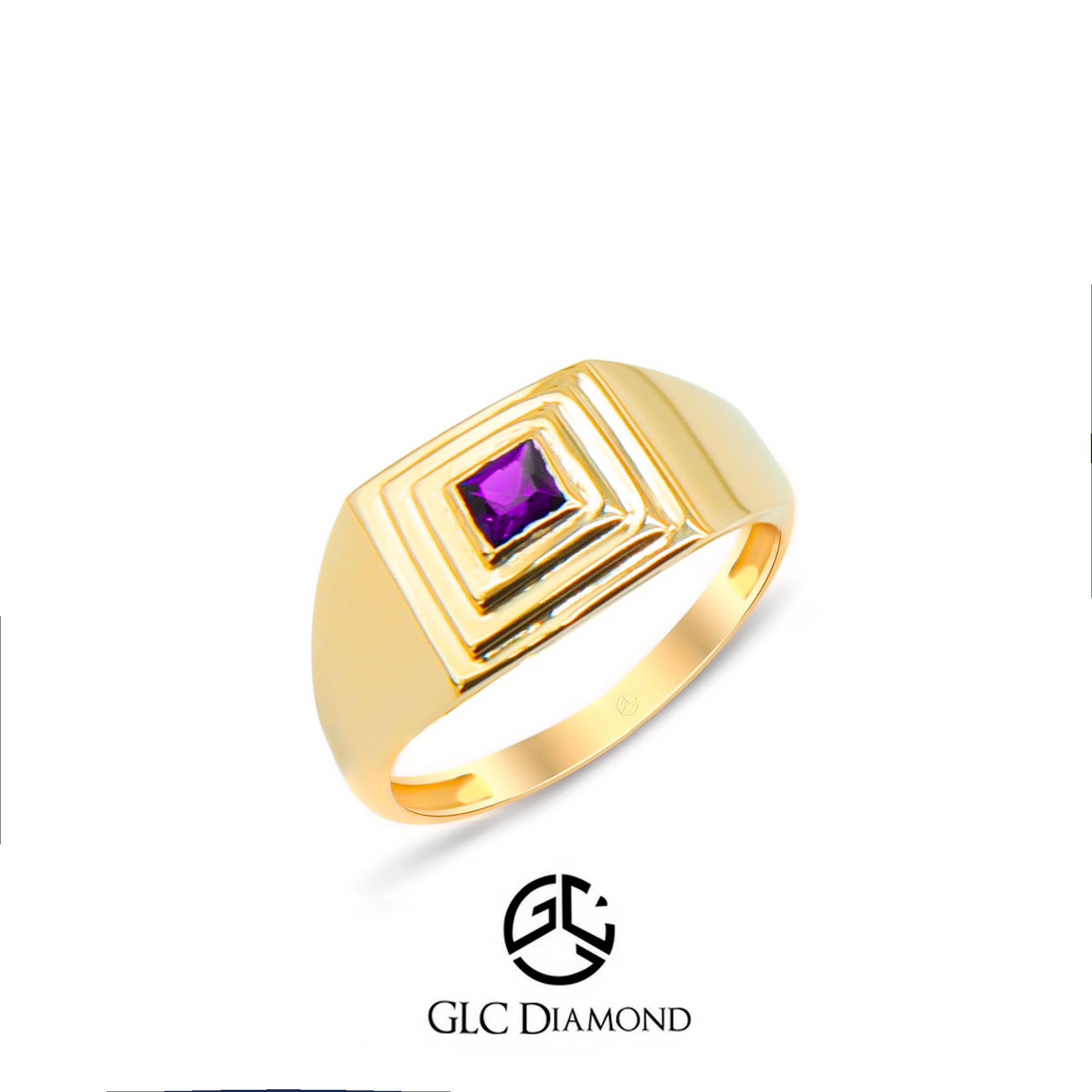 Geometric 14K Gold Amethyst Ring, Square Purple Gemstone