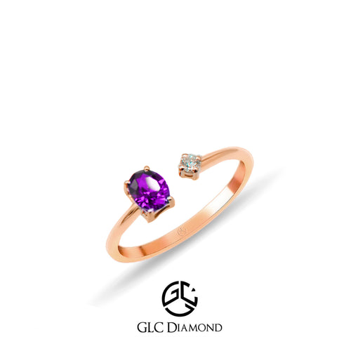 Minimalist 14K Gold Ring with Oval Purple Amethyst and Sparkling Diamond Accent