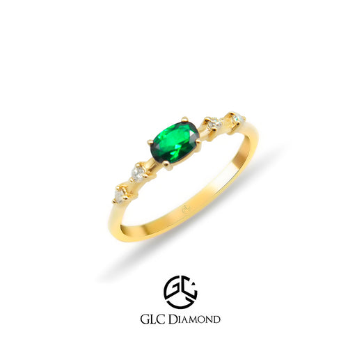 14K Solid Gold Oval Cut Diamond Emerald Ring