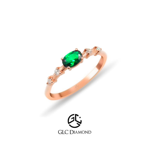 14K Solid Gold Oval Cut Diamond Emerald Ring