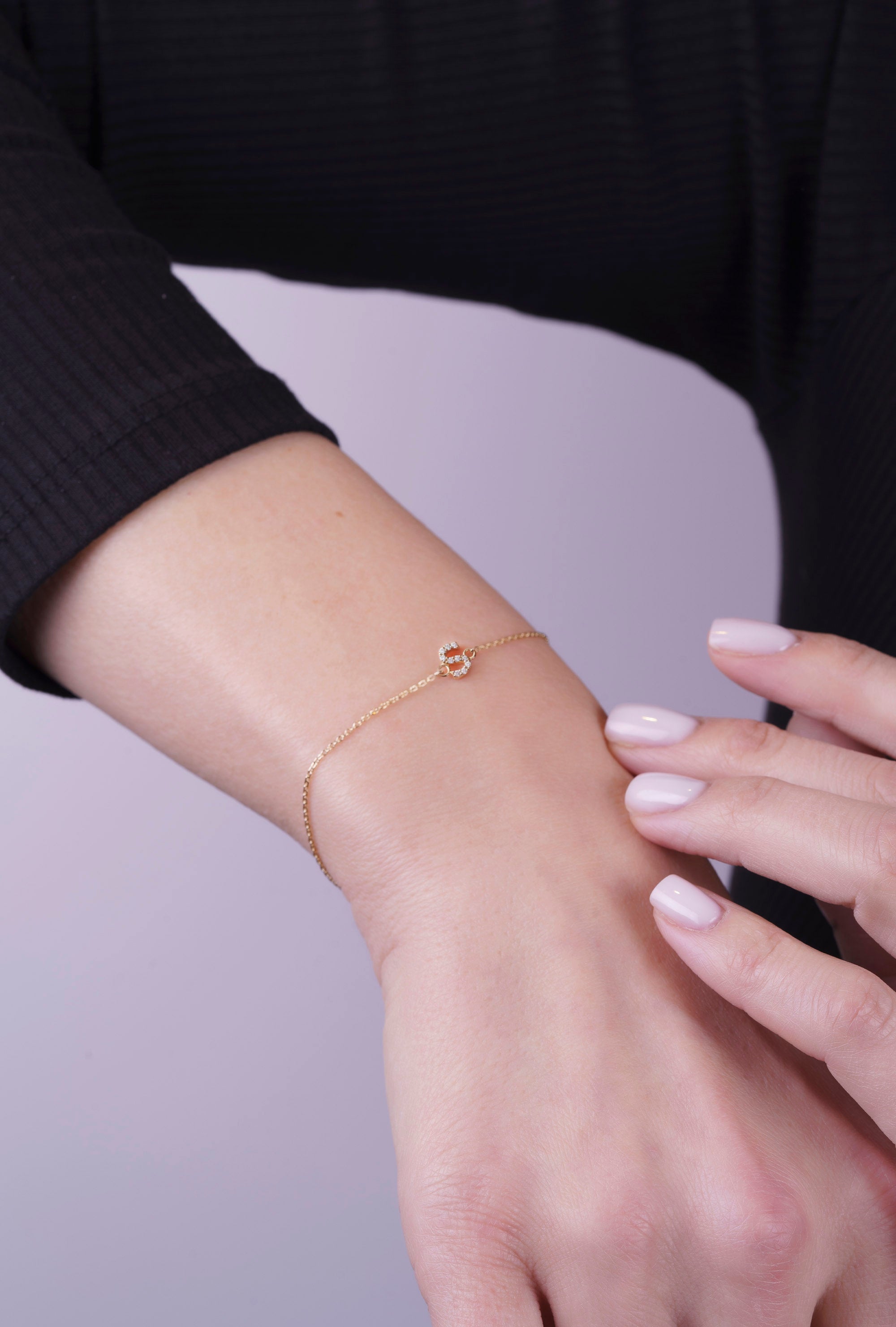 14K Gold Initial S Bracelet / Diamond Letter Bracelet