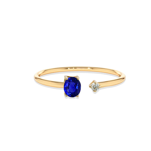 Minimalist 14K Gold Ring with Oval Blue Sapphire and Sparkling Diamond Accent