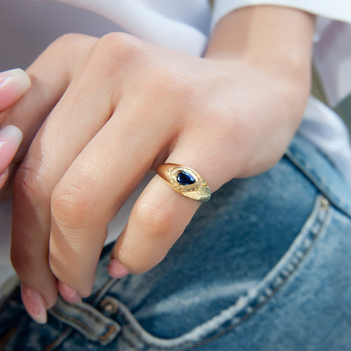 14K Gold Blue Sapphire & Diamond Pear-Shaped Signet Ring