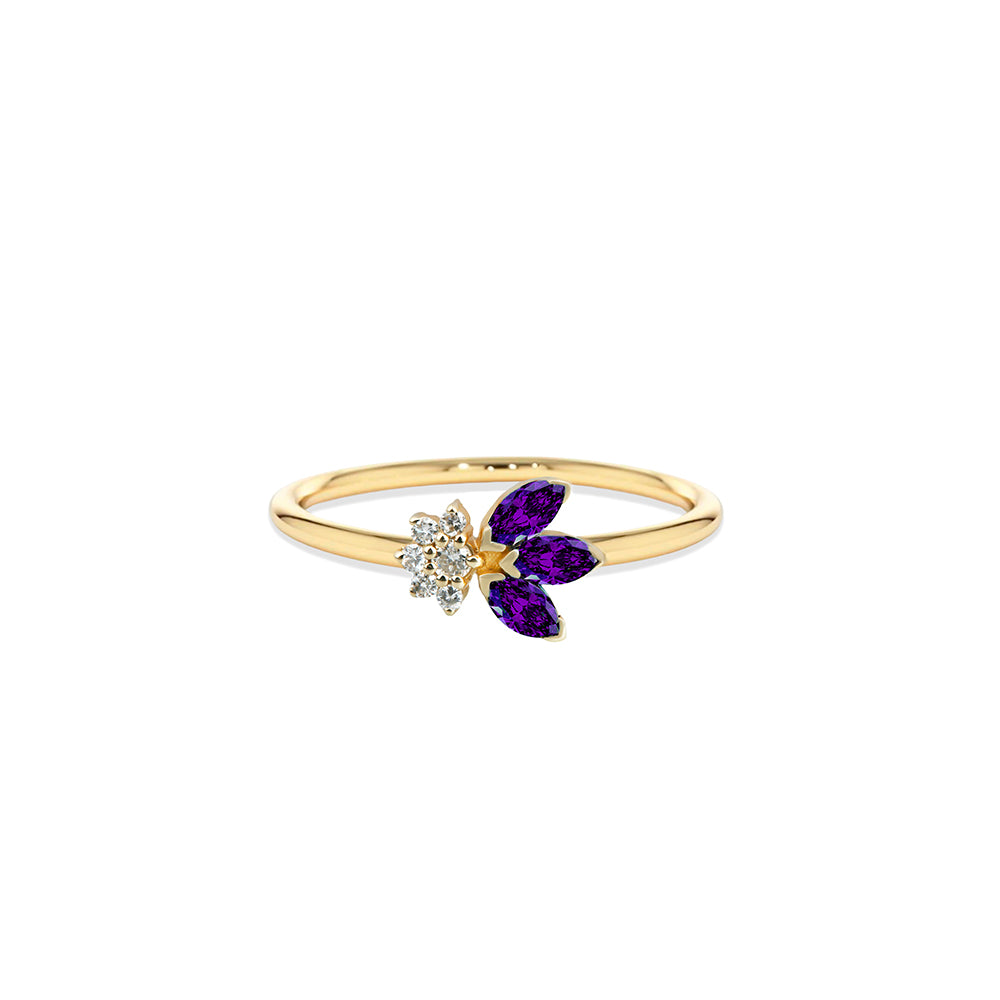 14K Gold Amethyst Diamond Leaf Ring / Amethyst Botanical Branch