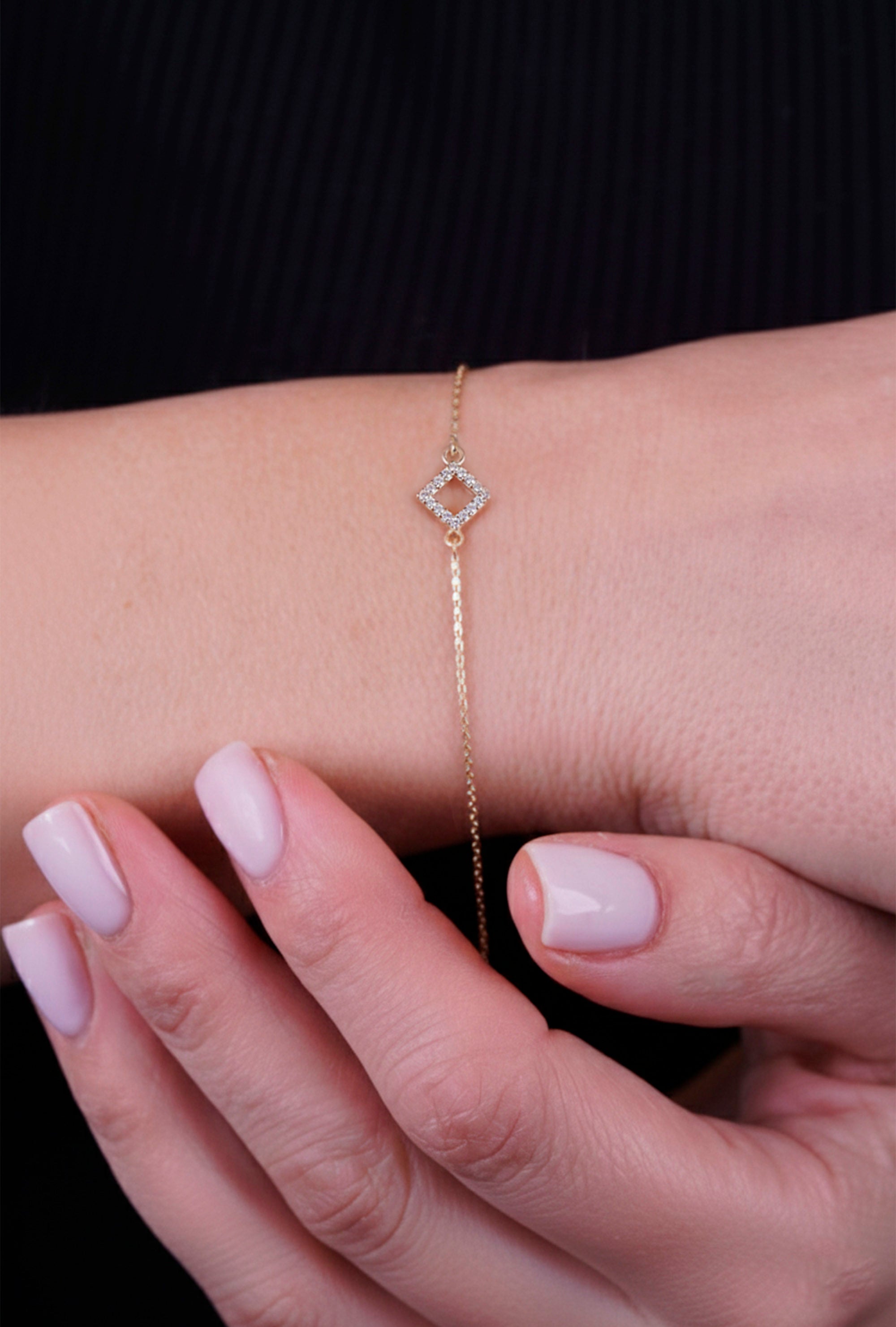 14K Gold Diamond Square Bracelet / Anniversary Gift