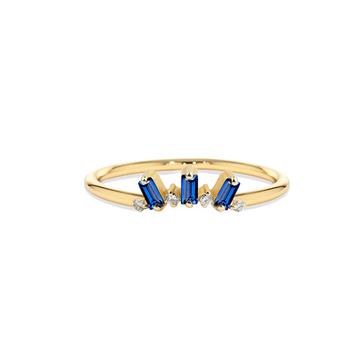 14K Solid Gold Baguette Diamond Sapphire Ring