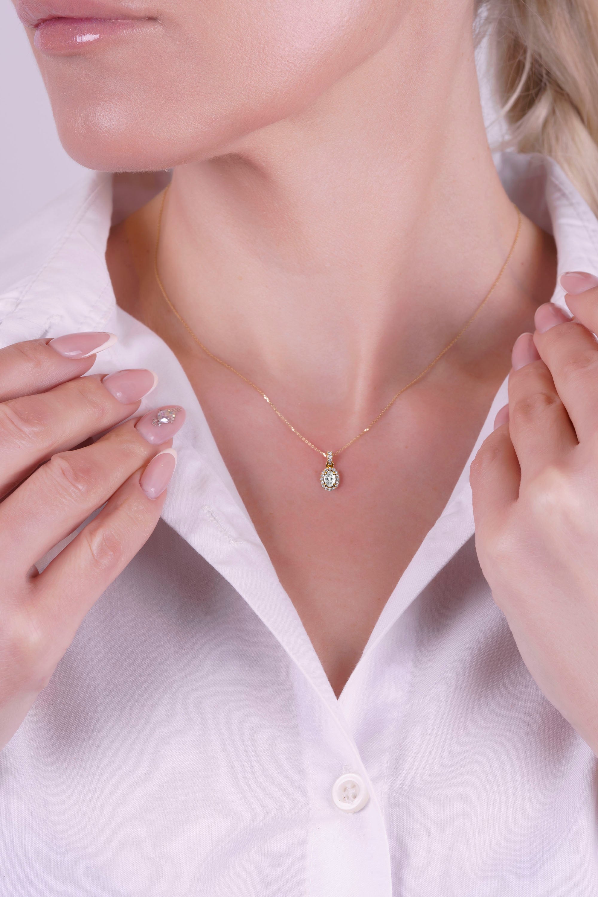 14K Gold White Sapphire Necklace, Dainty Diamond Necklace