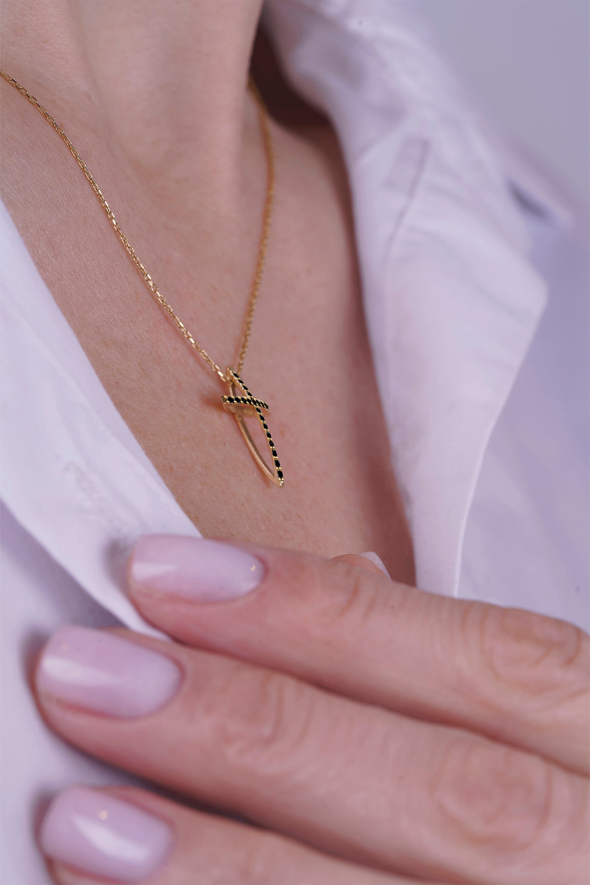 14K Gold Black Diamond Cross Necklace / Gold Faith Pendant