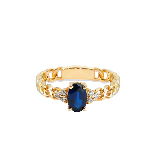 14K Solid Gold Diamond Sapphire Curb Chain Ring