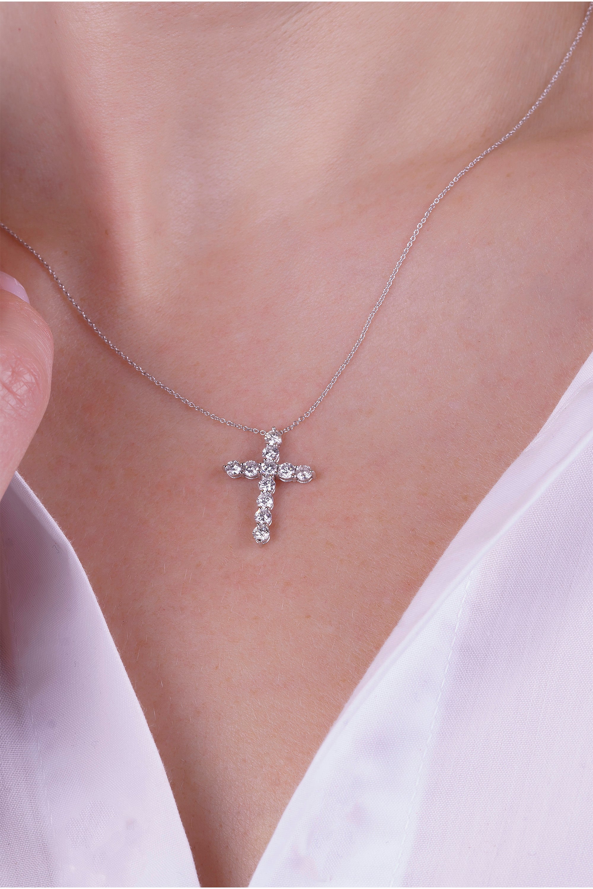 14K Gold Diamond Cross Necklace / Round Diamond Cross Pendant