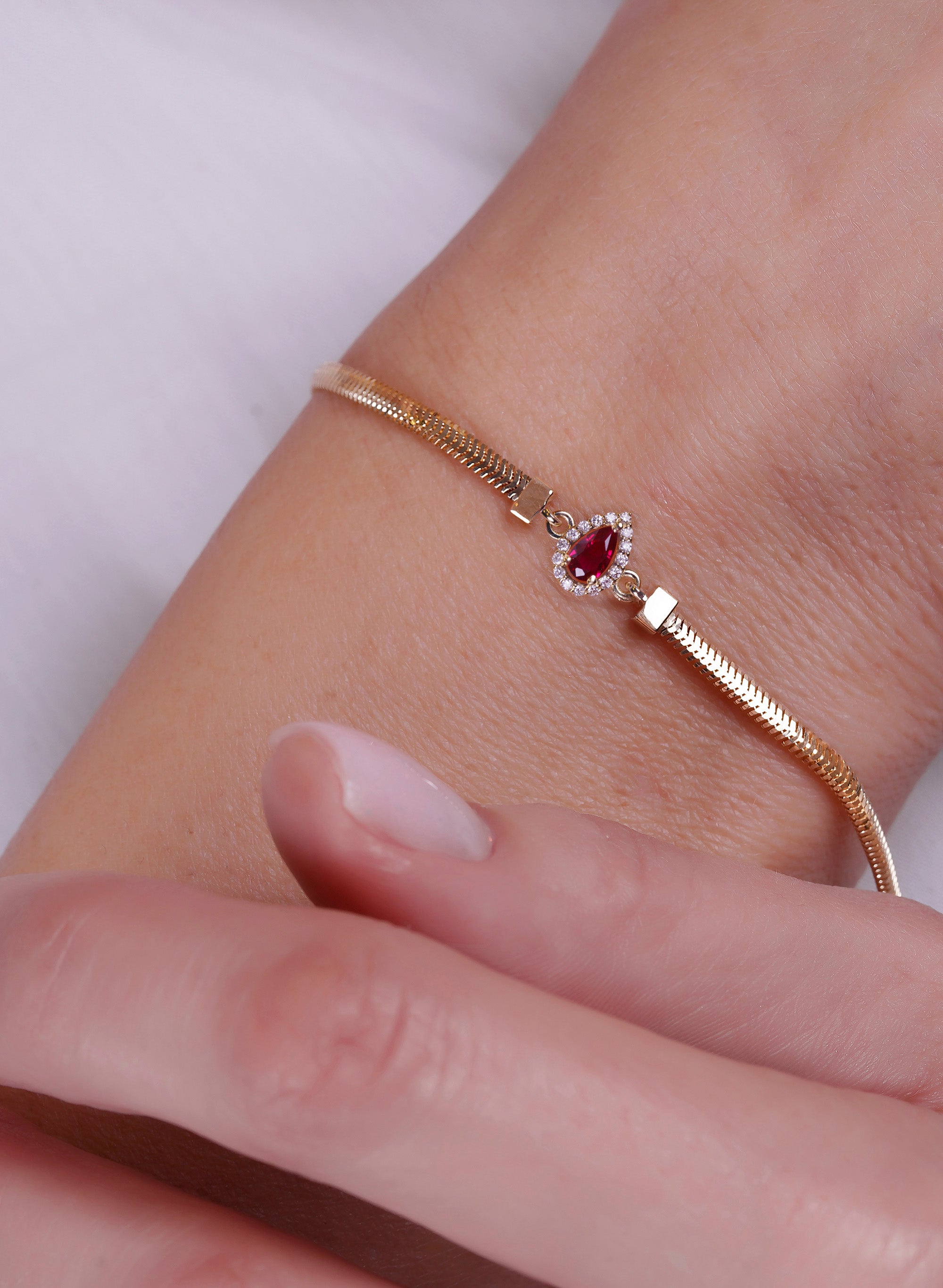 14K Gold Natural Ruby Diamond Bracelet / Pear Cut Red Gemstone