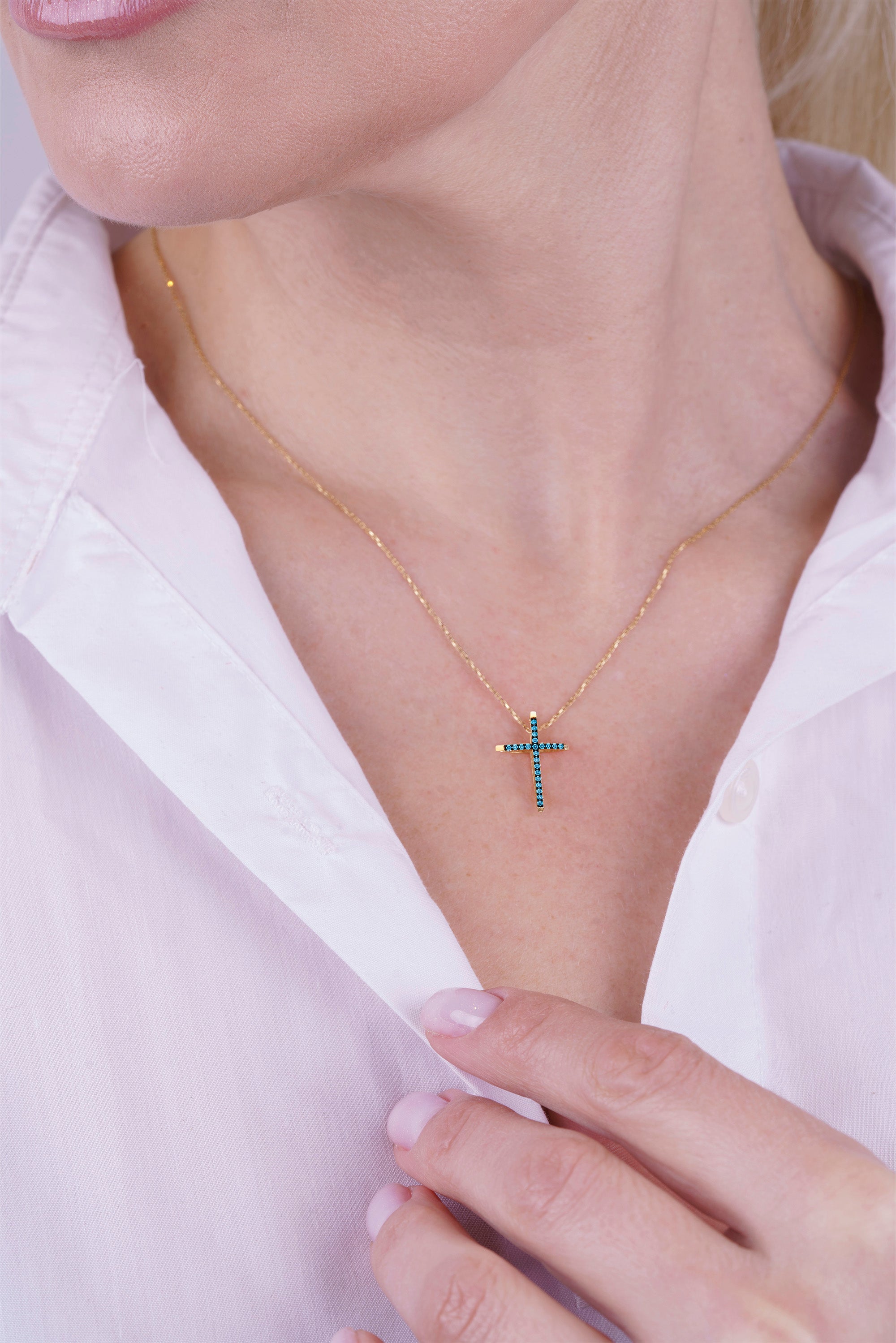 Modern Aquamarine Cross Necklace / Everyday Religious Jewelry