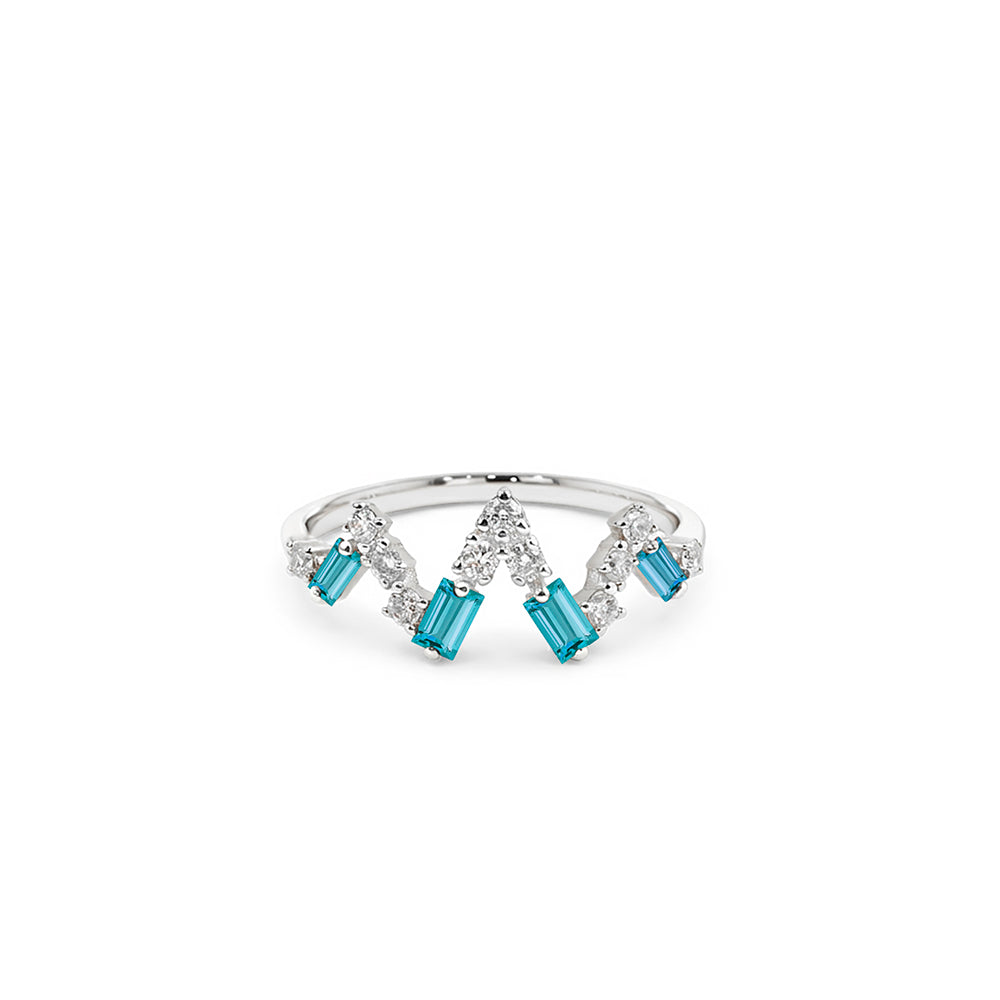 14K Gold Aquamarine Crown Ring, Diamond Chevron Ring