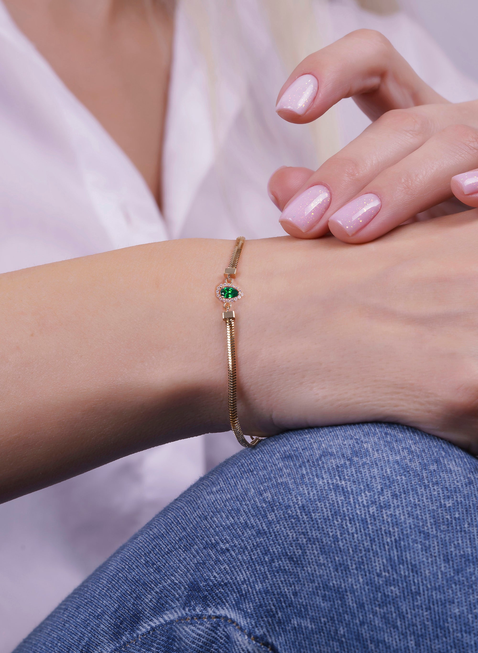Pear Emerald Diamond Bracelet / May Birthstone Jewelry