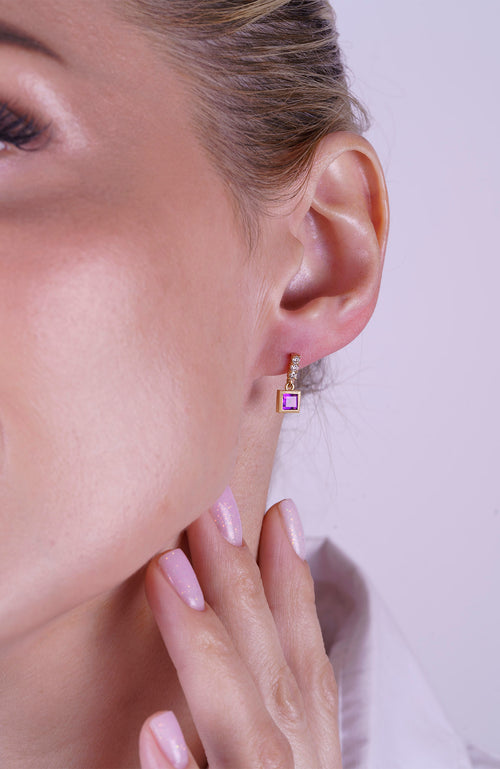 14K Gold Amethyst Square Earrings