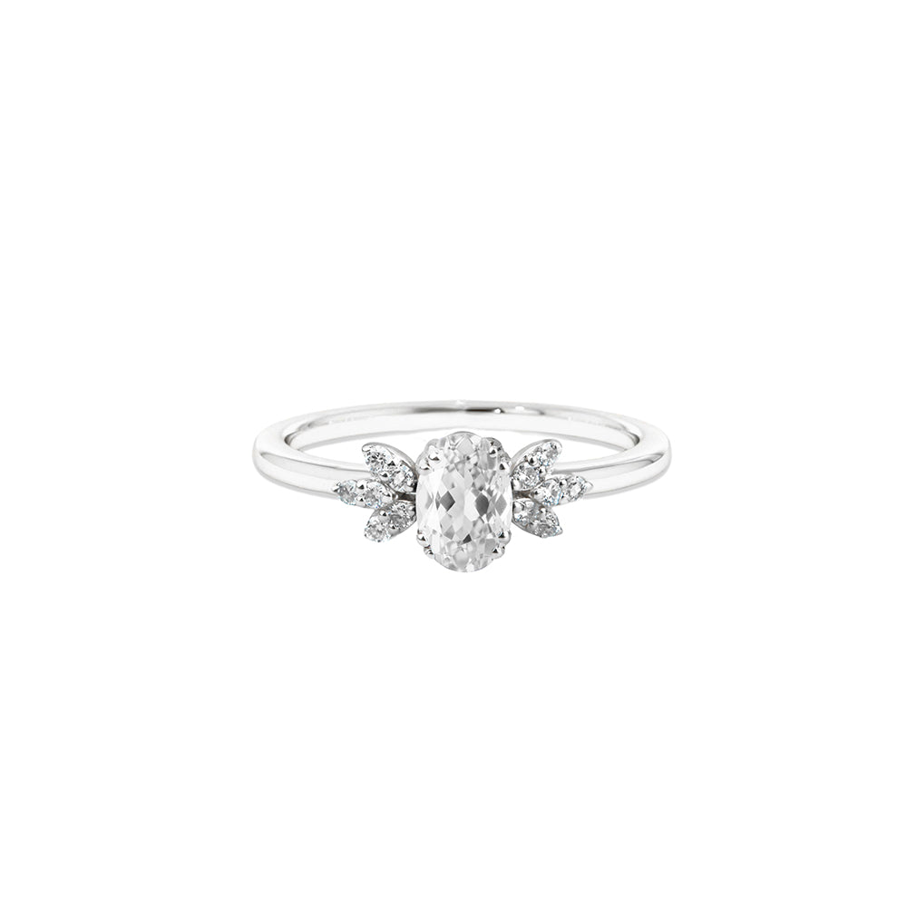 14K Gold White Sapphire Ring / Diamond Leaf Accents