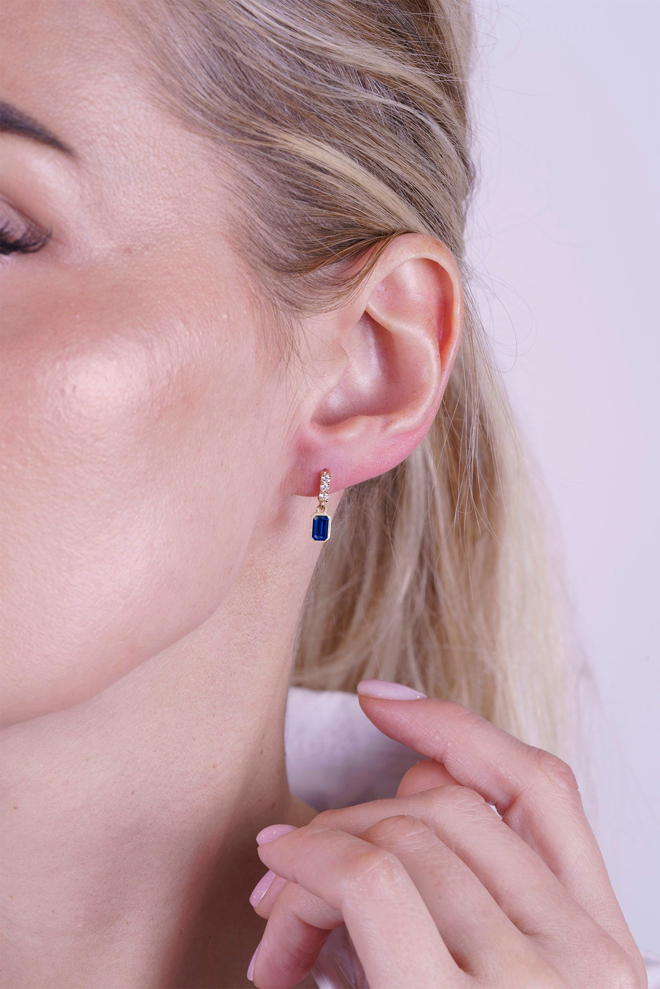14K Gold Blue Sapphire Rectangular Earrings