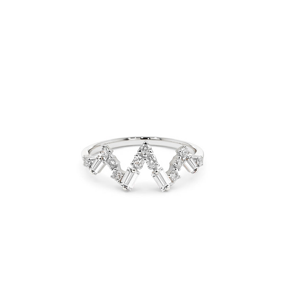 14K Gold White Sapphire Crown Ring, Diamond Chevron Ring