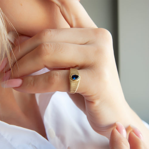 14K Solid Gold Ring with Oval Cut Blue Sapphire
