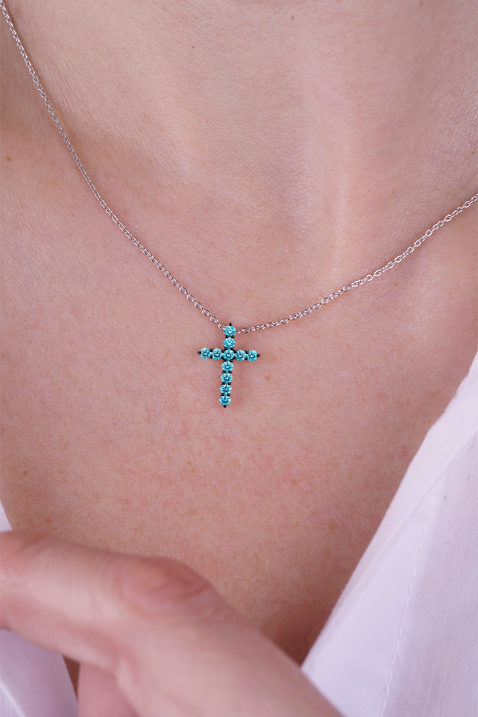 14K Gold Aquamarine Cross Necklace / Religious Pendant