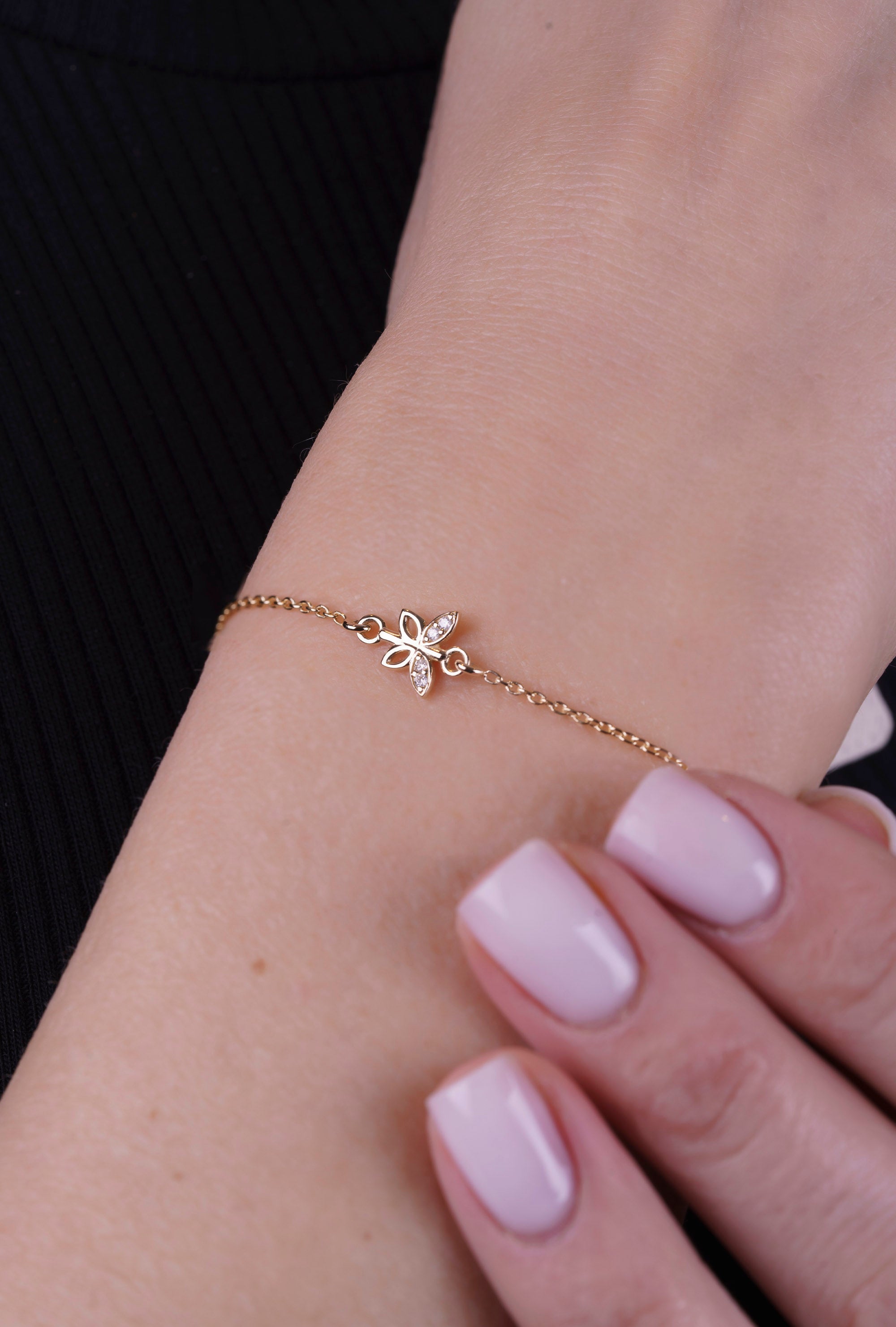 14K Gold Butterfly Bracelet / Diamond Butterfly Charm Bracelet