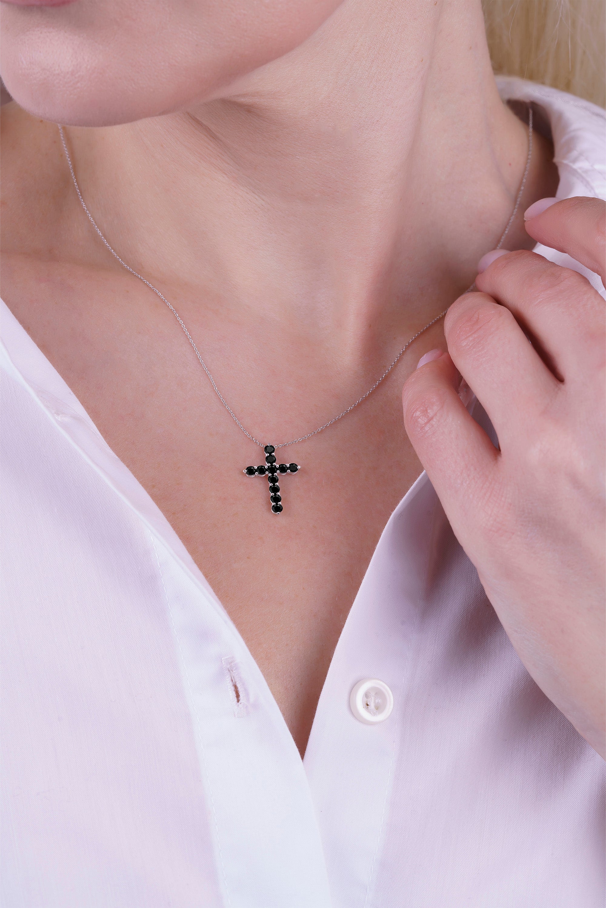 14K Gold Black Diamond Cross Necklace / Modern Religious Pendant