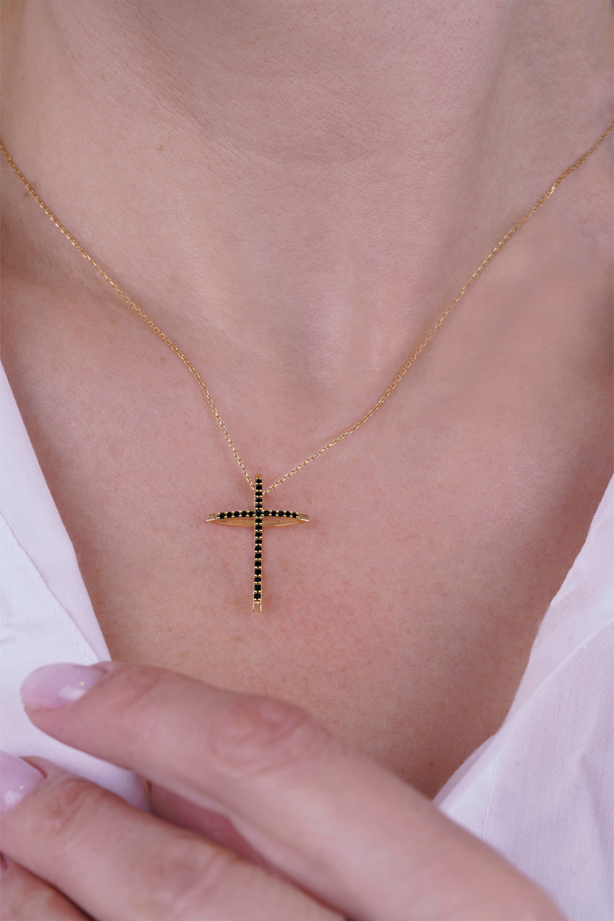 14K Gold Black Diamond Cross Necklace / Faith Pendant