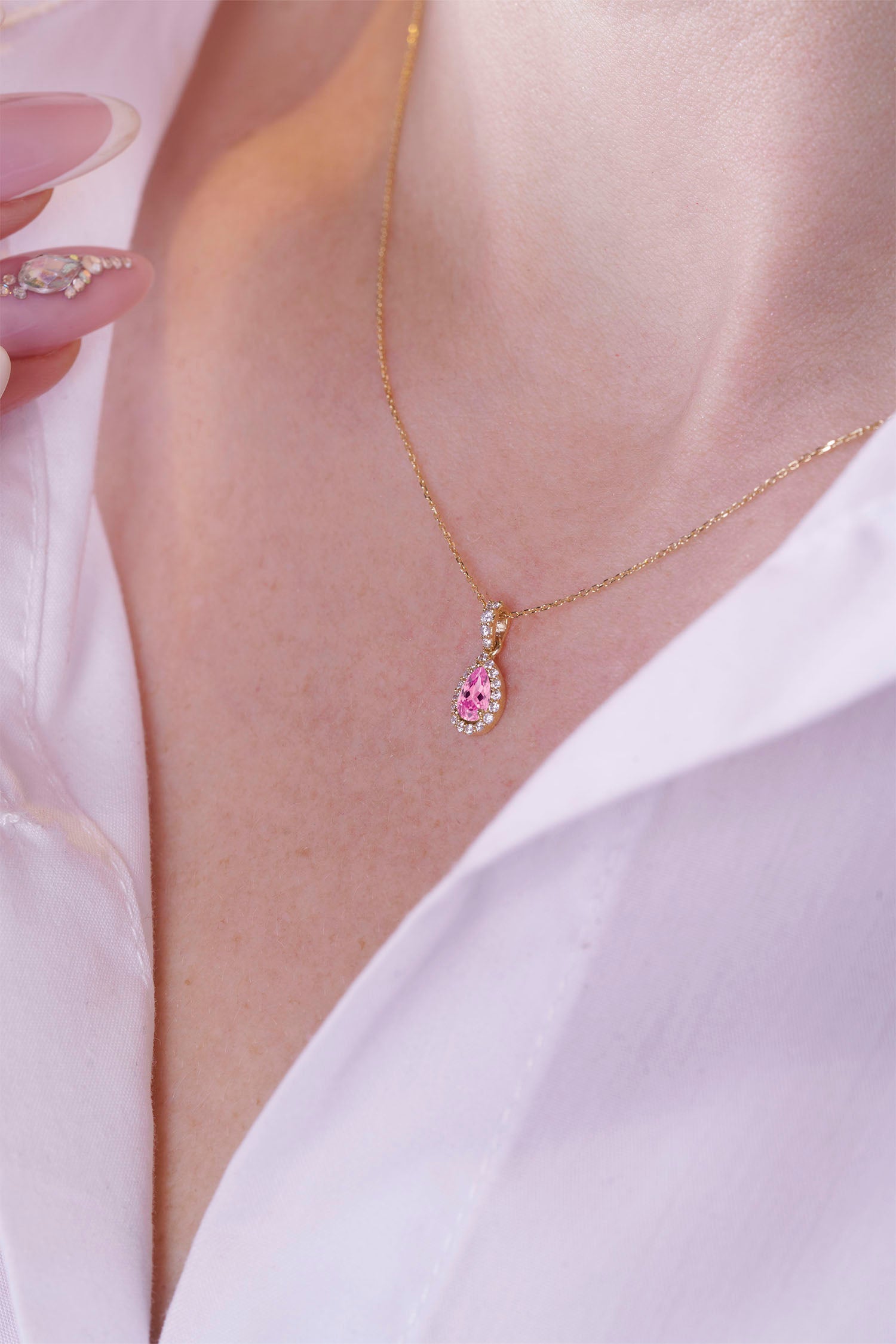 Pear Shape Pink Sapphire Necklace, Birthday Gift Necklace