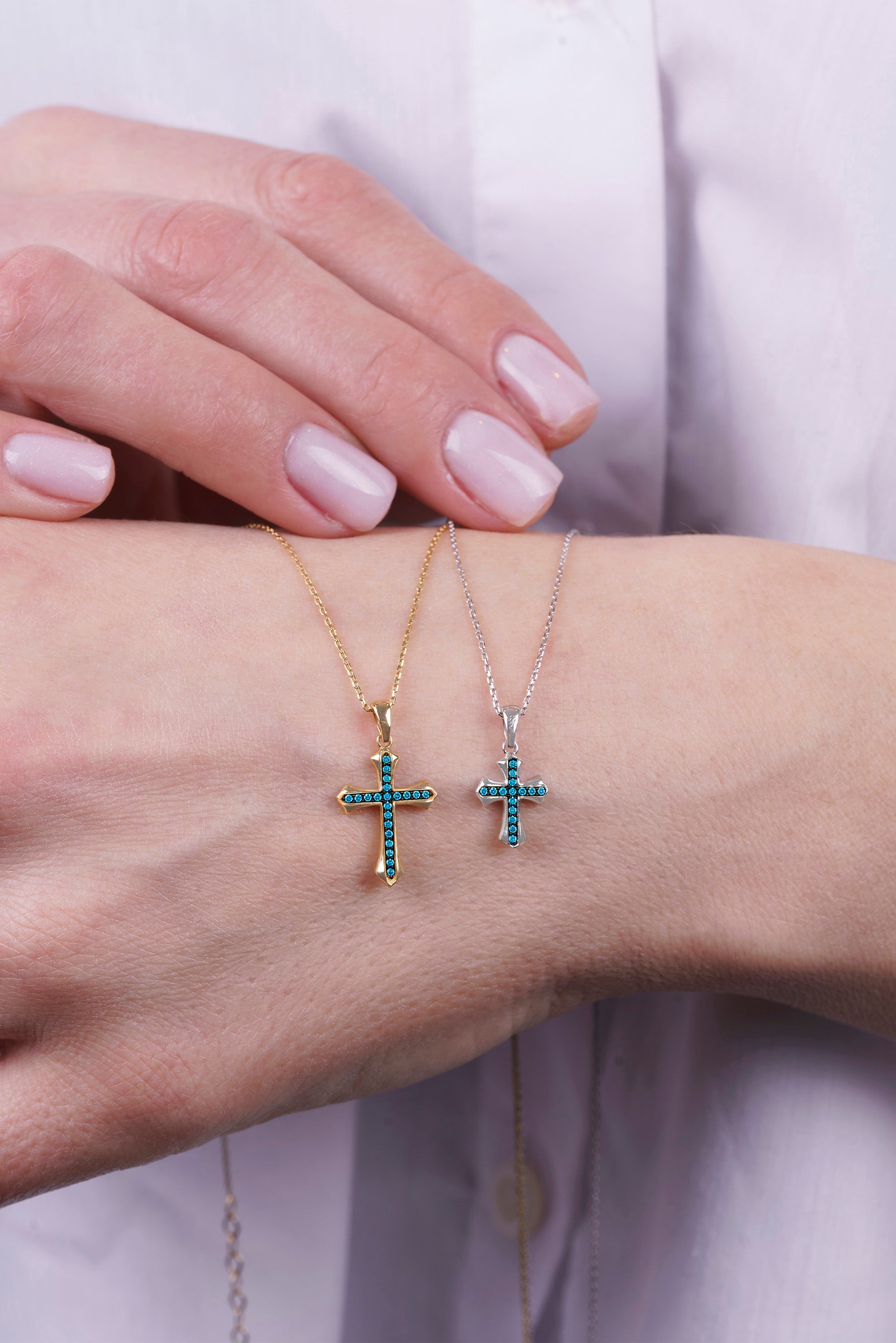 Vintage Inspired Aquamarine Cross Necklace / Natural Aquamarine Christian Necklace