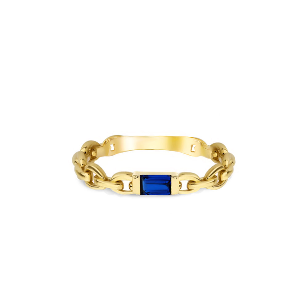 14K Gold Baguette Cut Diamond Sapphire Curb Chain Ring
