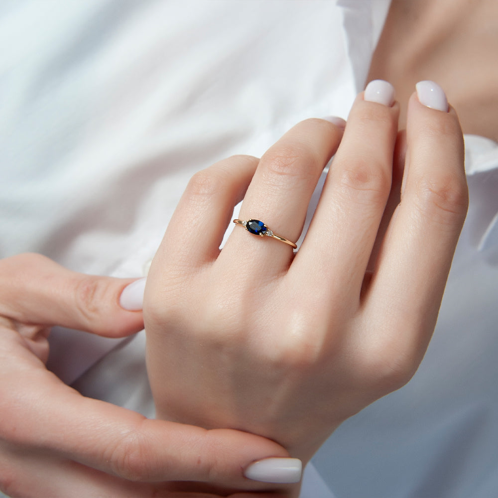 14K Solid Gold Oval Cut Diamond Sapphire Ring