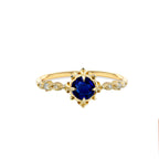Exquisite Gold Ring with Round Blue Sapphire and Elegant Floral Design