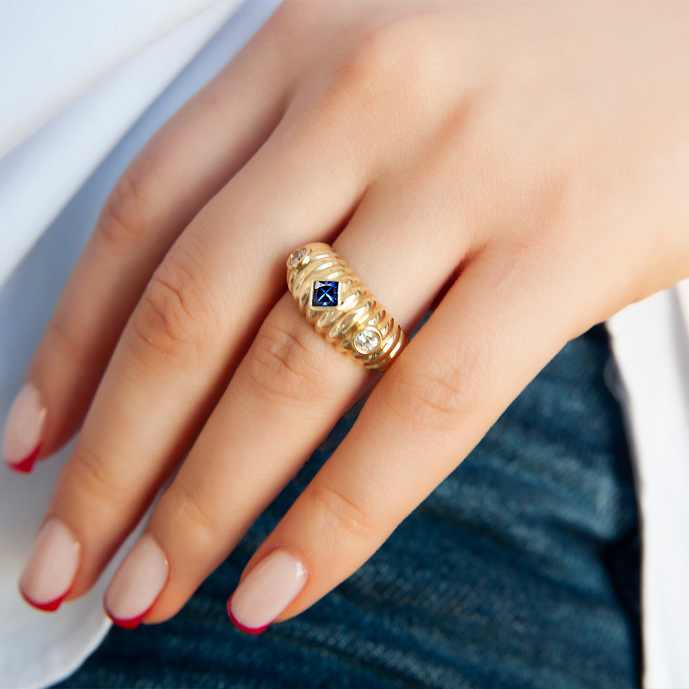 14K Gold Natural Sapphire Dome Ring