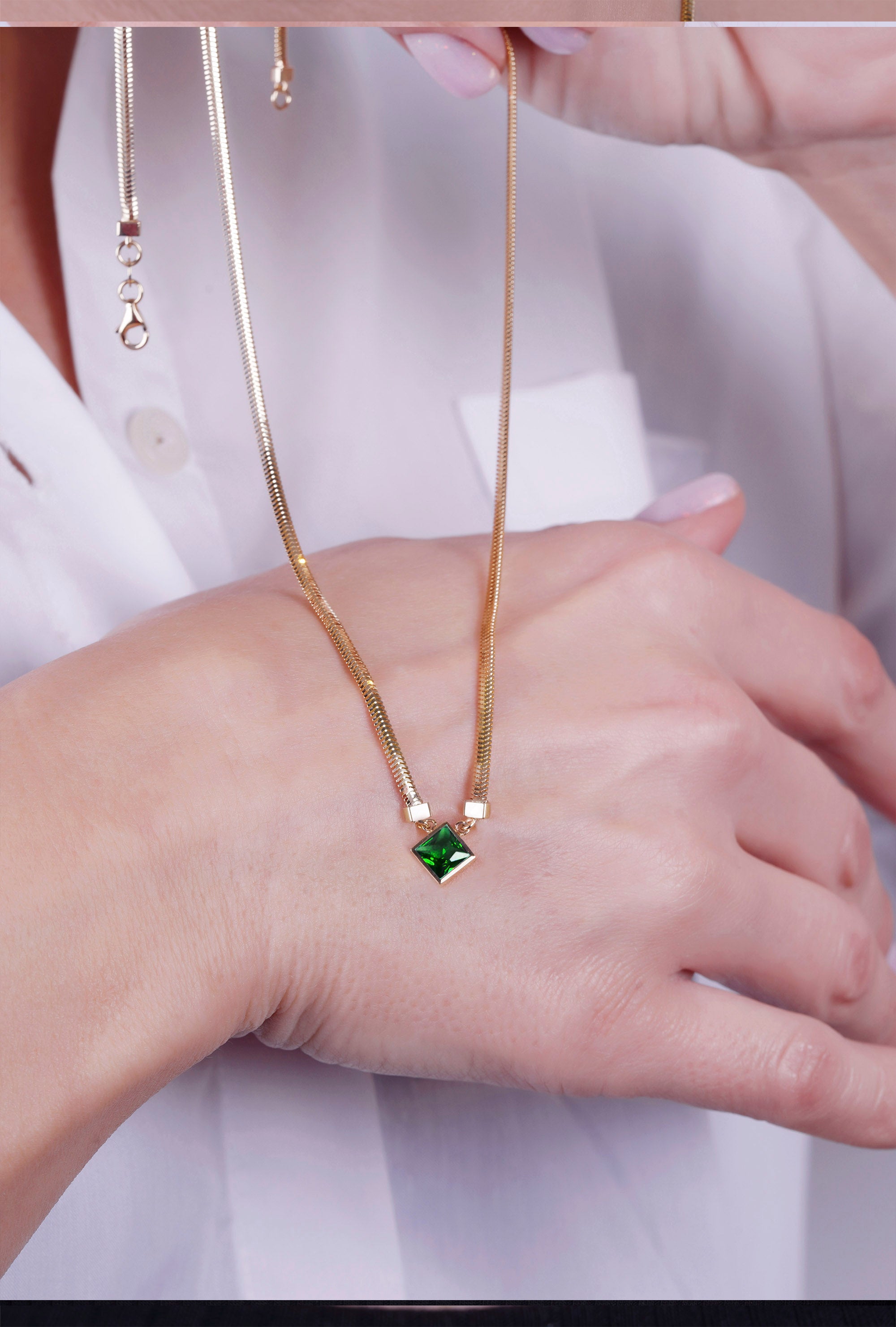 14K Gold Emerald Necklace, May Birthstone Gift for Her