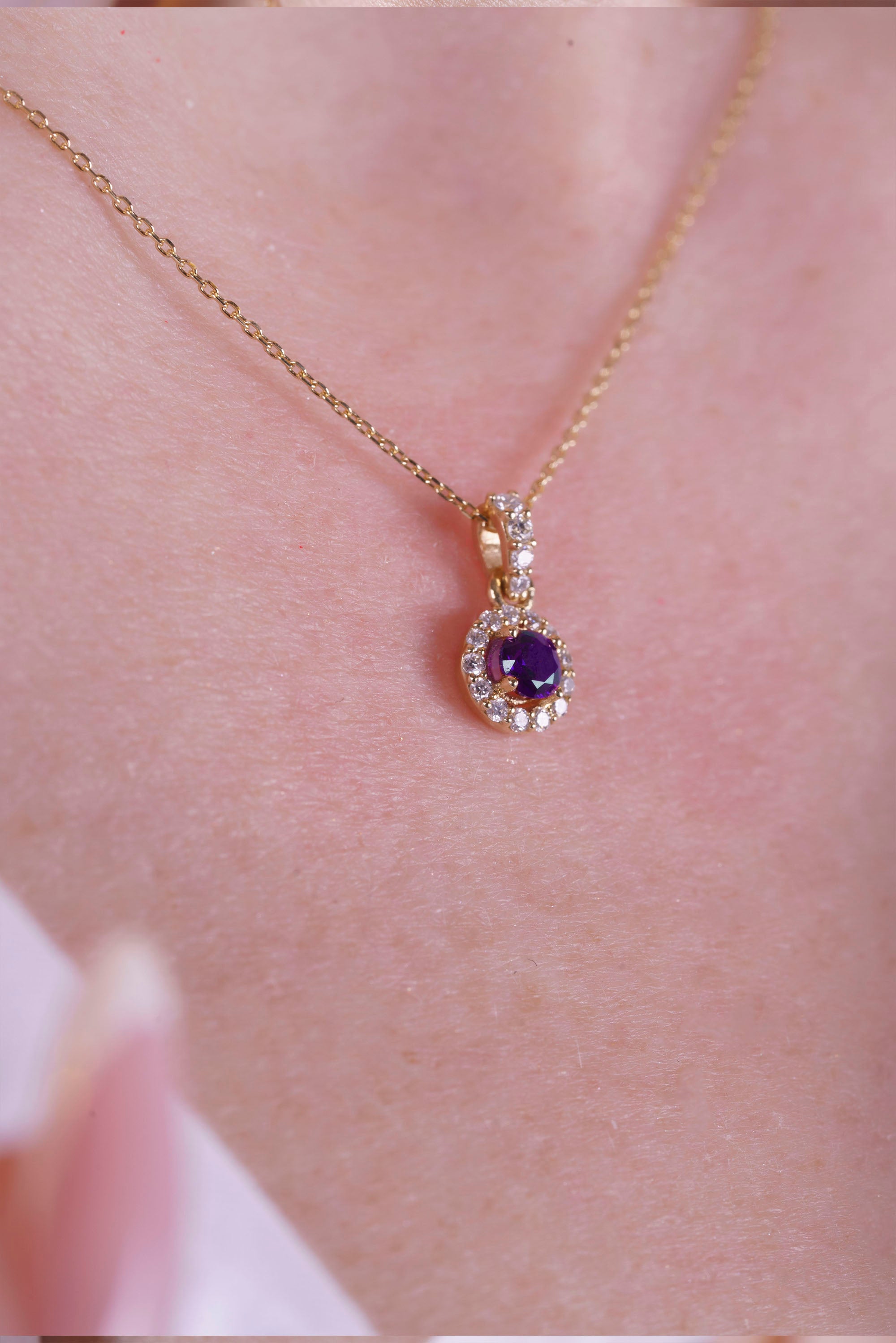 Round Amethyst Halo Necklace