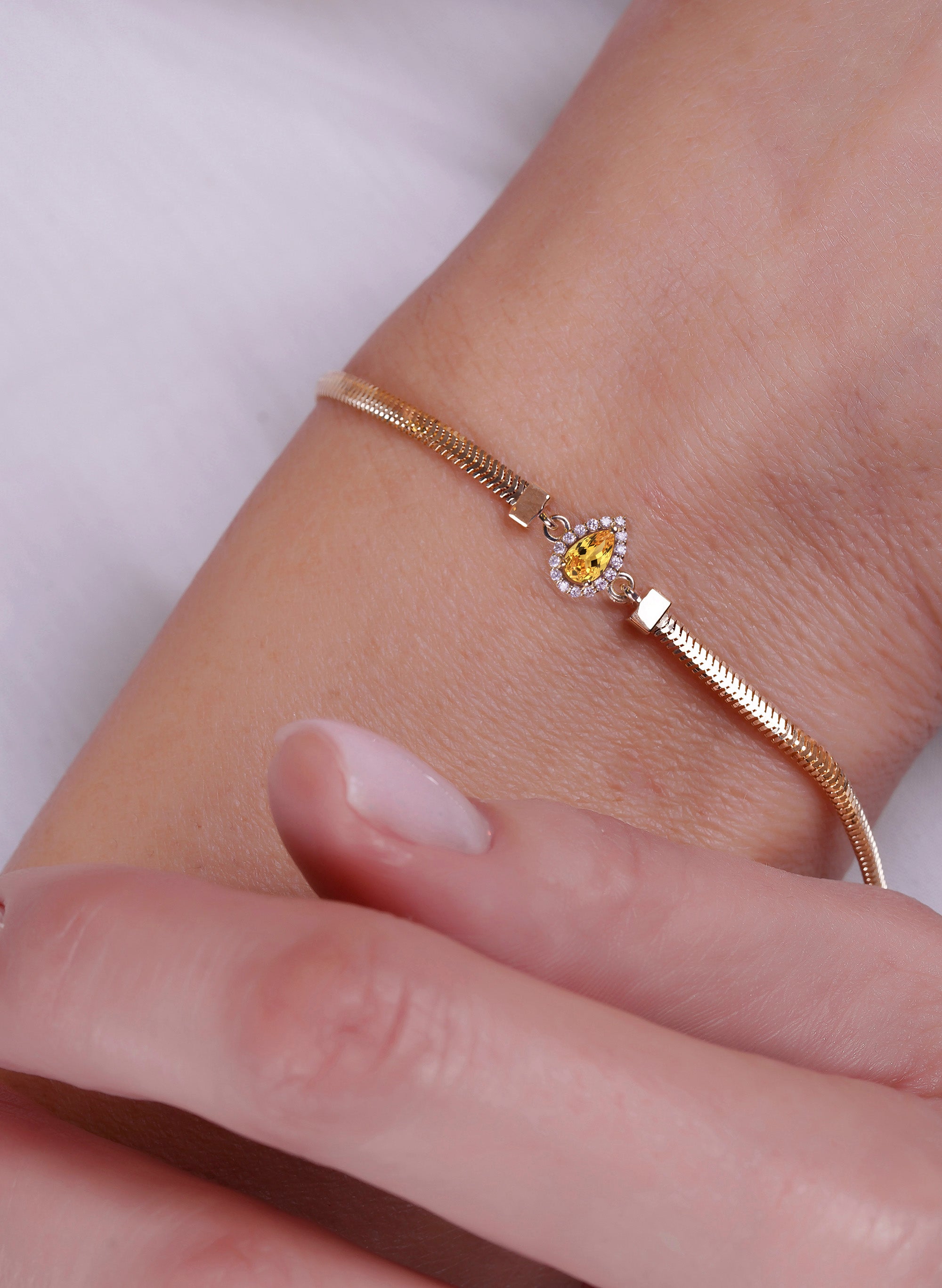 14K Gold Citrine Bracelet / Pear Citrine Diamond Bracelet